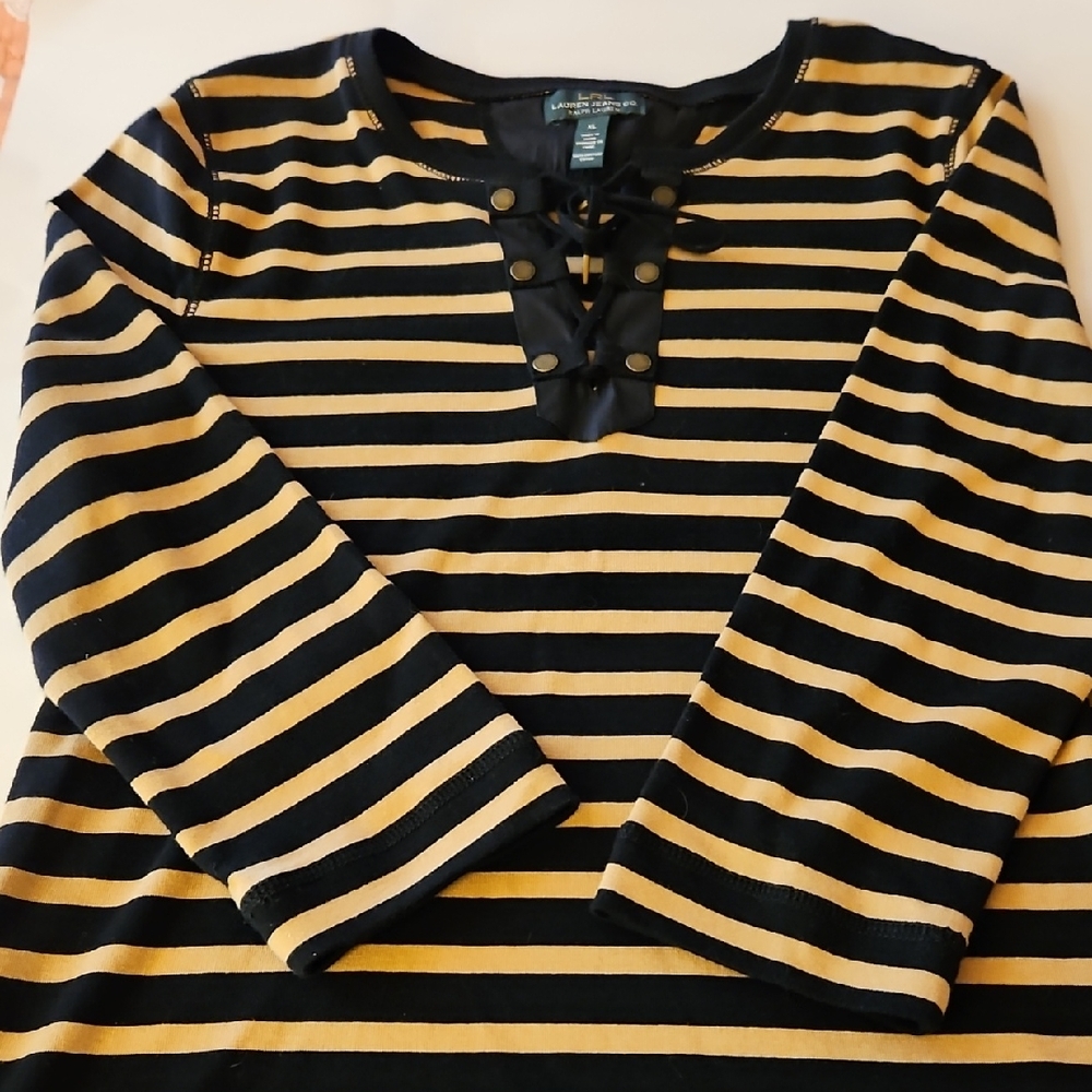 Ralph Lauren Size XL Black and Gold Striped Lace-Up Top